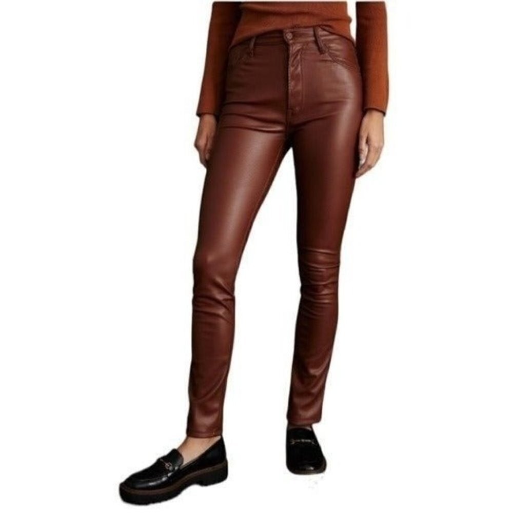 ANTHROPOLOGIE Mother High Rise Faux Leather Skinny Jeans Brown Size 34 NEW